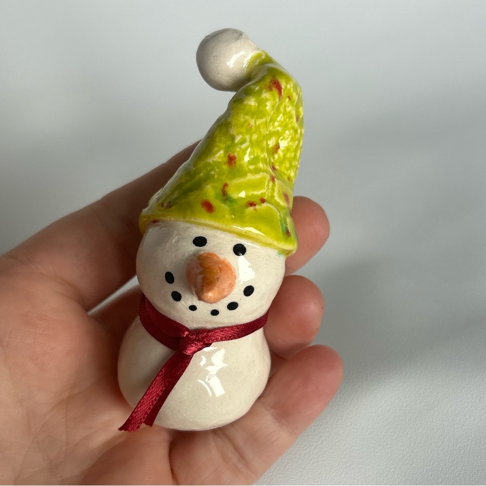 Handmade Ceramic Snowman with green hat One of a Kind Winter Holiday Decor